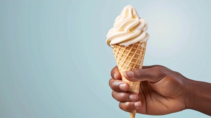 A hand holding a vanilla soft serve ice cream cone with a waffle cone against a light blue background, a delicious frozen dessert treat.