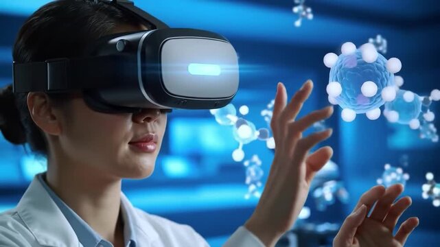 Scientist wearing VR headset interacting with 3D molecular structures in a futuristic laboratory