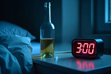 Conceptual Photo of an Empty Bottle on a Bed at Night