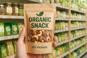 Hand Holding a Bag of "Organic Snack" with an Eco-Friendly Package