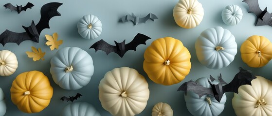 Spooky pastel halloween banner with pumpkins and bats for promotion festive holiday background fun design
