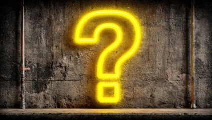 Neon yellow question mark on a textured concrete wall