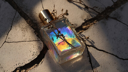 Shattered sunscreen bottle refracting prismatic light with dark vines emerging through cracks.