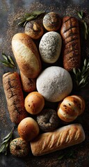 Assorted baked goods, various shapes and textures, on a dark surface