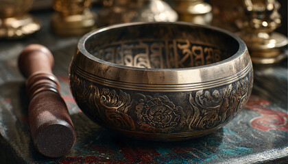 Tibetan and Himalayan singing bowl for yoga, massage, meditation and relaxation. Ancient music instrument for religion traditions and tantric Buddhism.