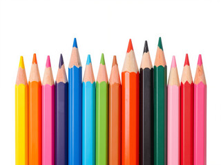 Colorful pencils arranged in a row on white background  