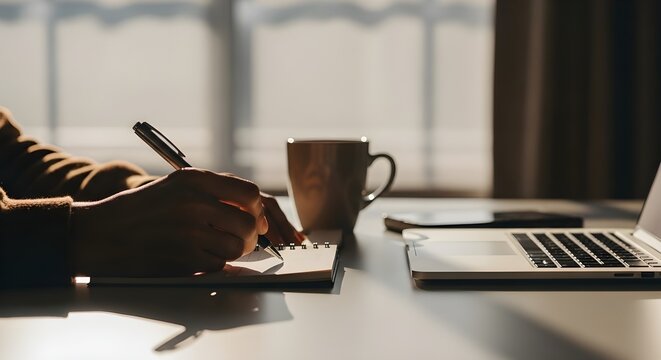 person writing in notebook with laptop and coffee