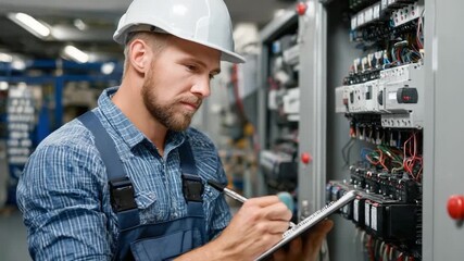 Electrical Expert in Action: A focused electrical engineer meticulously inspects and documents the intricate wiring within an industrial control panel.