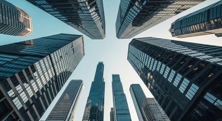 Reflective skyscraper business office buildings, bottom up view of big modern city urban landscape
