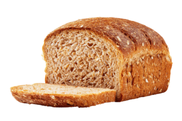 A loaf of whole grain bread with one slice cut off on transparent background