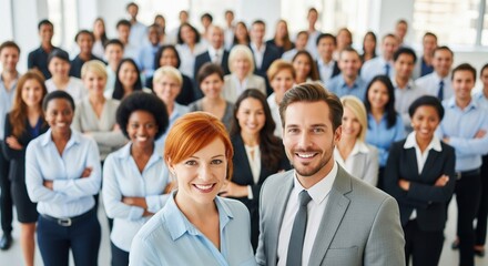 Fototapeta premium Portrait shot, diverse group of business professionals modern multi ethnic business team standing and looking at camera