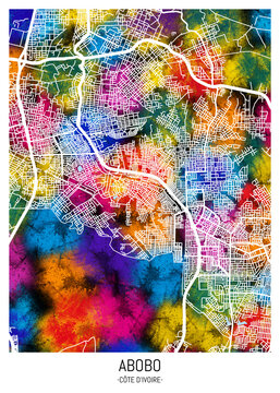 Abobo C&ocirc;te d'Ivoire City Map. downtown printable Landmarks, print city painting, travel art, city banner modern urban city art, background abstract city