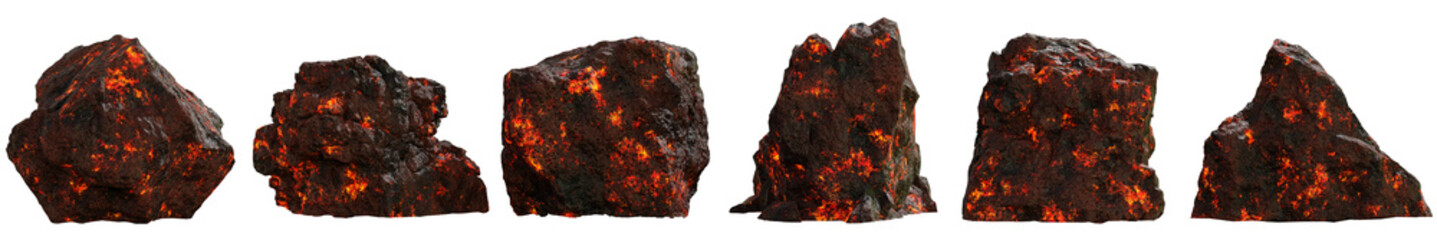 Set of lava and magma rock and stone with isolated on transparent background - PNG file, 3D rendering illustration, Clip art, cut out and element