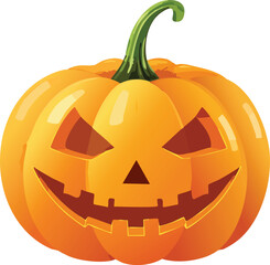 A carved Halloween pumpkin with a spooky face on a plain background