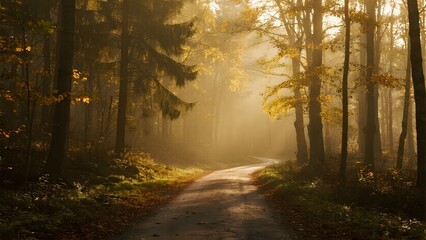Obraz premium Sunlit Forest Pathway with Mist and Autumn Colors