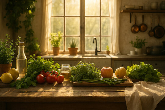 AI generated rustic kitchen scene with fresh vegetables fruits and herbs on wooden table in warm natural sunlight cozy atmosphere for healthy lifestyle and home cooking inspiration