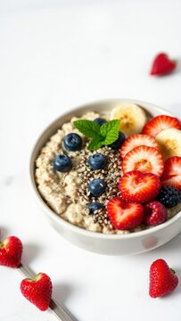 Fresh banana and berry smoothie bowl with seeds
