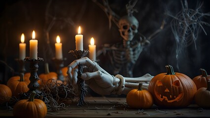 A creepy skeleton hand holding a burning candle among pumpkins in a dimly lit spooky setting for Halloween night. Macabre holiday concept