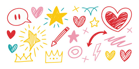 Hand marker line icon color brush element set. Crayon line arrow, speech bubble, pencil highlight and textured brush icon with cartoon heart, hand drawn marker element.