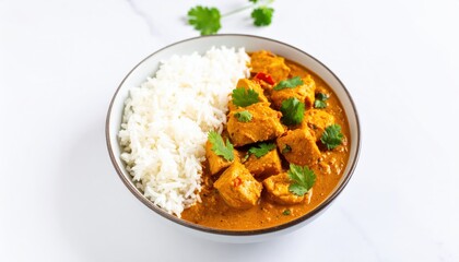 A flavorful Indian chicken curry served with steamed rice, garnished with fresh cilantro, presented in a white bowl.