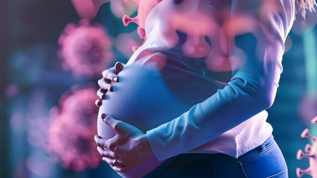 Pregnancy health risk and protection with virus infection around belly symbolizing woman&rsquo;s health concerns during pandemic infection risk