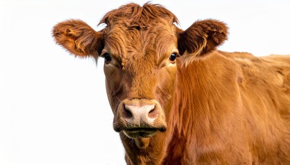 Detailed close-up of a brown cow looking directly at the camera, showcasing its unique features and expression.