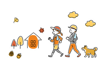 秋にウォーキングをする男女と犬のベクターイラスト