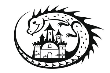 Stylized Dragon Coiling Around Castle Silhouette on White Background