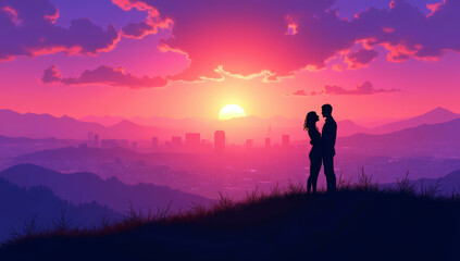 Romantic couple on a hilltop, city skyline softly illuminated below, warm and glowing sunset with layered shades of gold