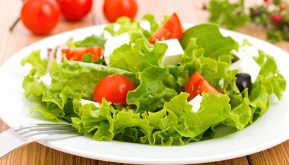 A vibrant salad featuring fresh lettuce, cherry tomatoes, and feta cheese, perfect for healthy eating and culinary inspiration.