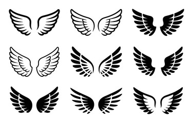 A Group of Nine Black Wing Icons Displayed in a 3x3 Grid wings white