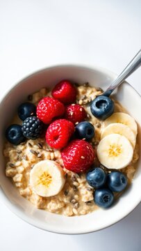 Fresh banana and berry smoothie bowl with seeds
