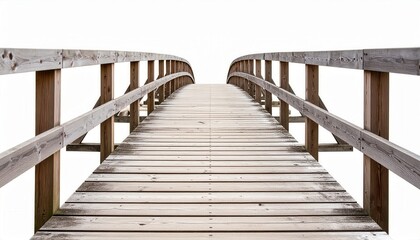 Wooden footbridge with a minimalist design, isolated on white, showcasing symmetry and simplicity.