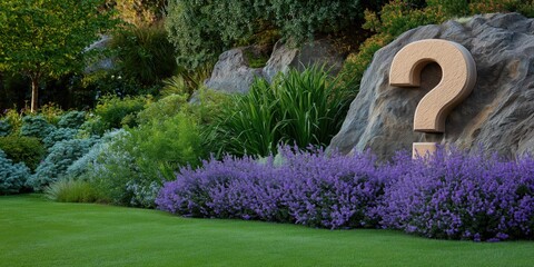 Fototapeta premium Sculpted wooden question mark in tranquil garden with lavender and lush foliage