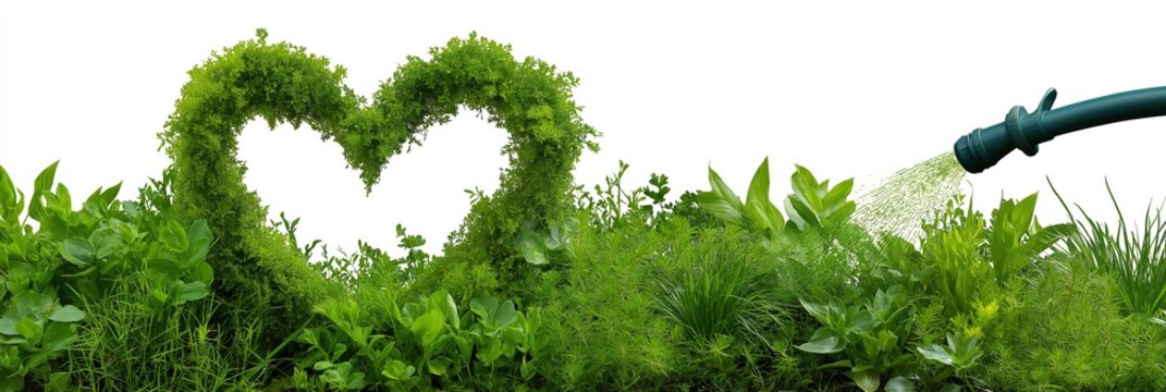 Heart-shaped topiary and watering can in lush greenery garden scene