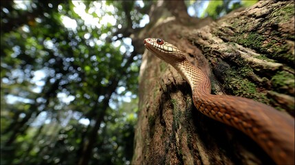 Rat snake climbing a tree trunk in a lush forest, looking up towards the sunlit canopy, creating a sense of adventure and natural beauty
