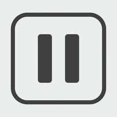 Gray pause button icon with rounded square background on a light background.