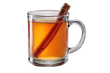 Warm, spiced apple cider in a clear mug with cinnamon stick