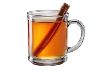 Warm, spiced apple cider in a clear mug with cinnamon stick