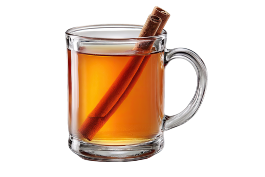 Warm, spiced apple cider in a clear mug with cinnamon stick