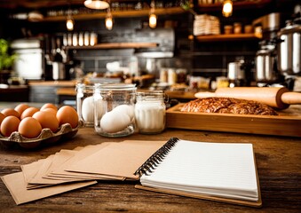Rustic kitchen table with baking supplies and notebook