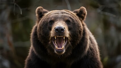 A powerful brown bear with an open mouth, showcasing its teeth in a forest setting.