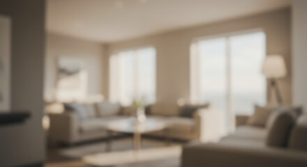 A wide view of a modern living room with a large, light-colored sectional sofa, a coffee table, and tall windows that let in abundant natural light
