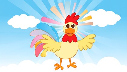 Cheerful cartoon rooster in a bright sky, wings outstretched