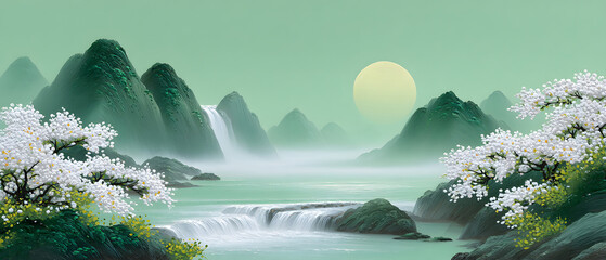 Chinese style watercolor landscape painting with tranquil elegant atmosphere