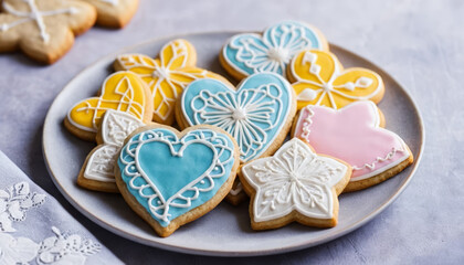 Decorated sugar cookies in floral and heart shapes, featuring pastel blue, pink, and yellow icing with intricate piped designs, arranged beautifully. AI generated.
