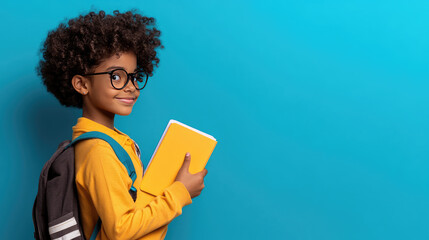 Schoolgirl with backpack holding notebook, wearing eyeglasses and smiling on blue background, going back to school or buying school supplies concept