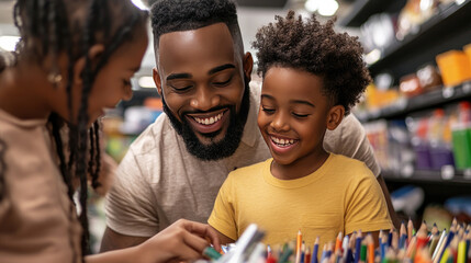 Father and son choosing colored pencils for school in a supermarket, back to school shopping concept with happy family buying school supplies
