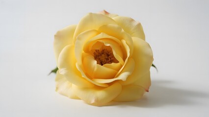 A single pale yellow rose with soft petals and a delicate center, set against a white background.