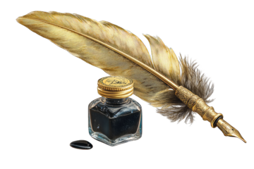Golden quill feather and inkwell